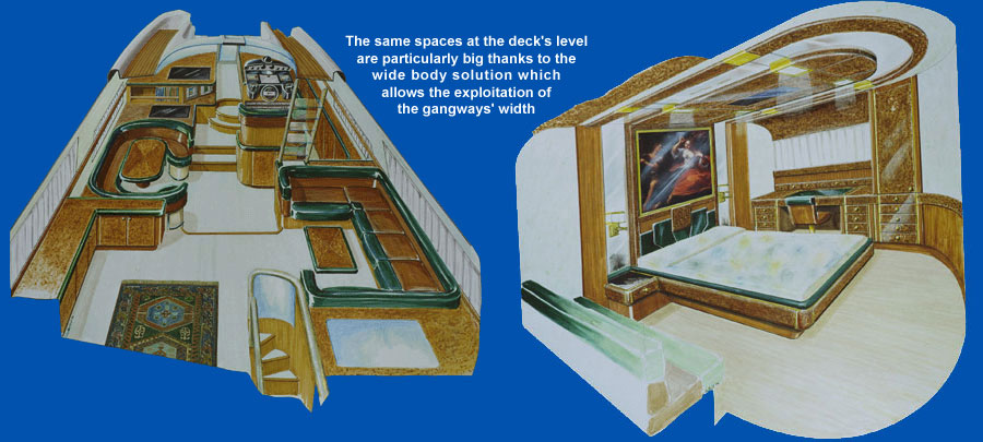 The same spaces at the deck’s level are particularly big thanks to the wide body solution which allows the exploitation of the gangways’ width.